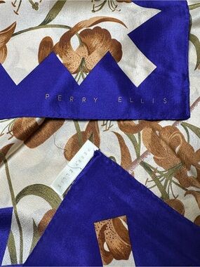 Perry Ellis Purple and Brown Floral 100% Silk Scarf